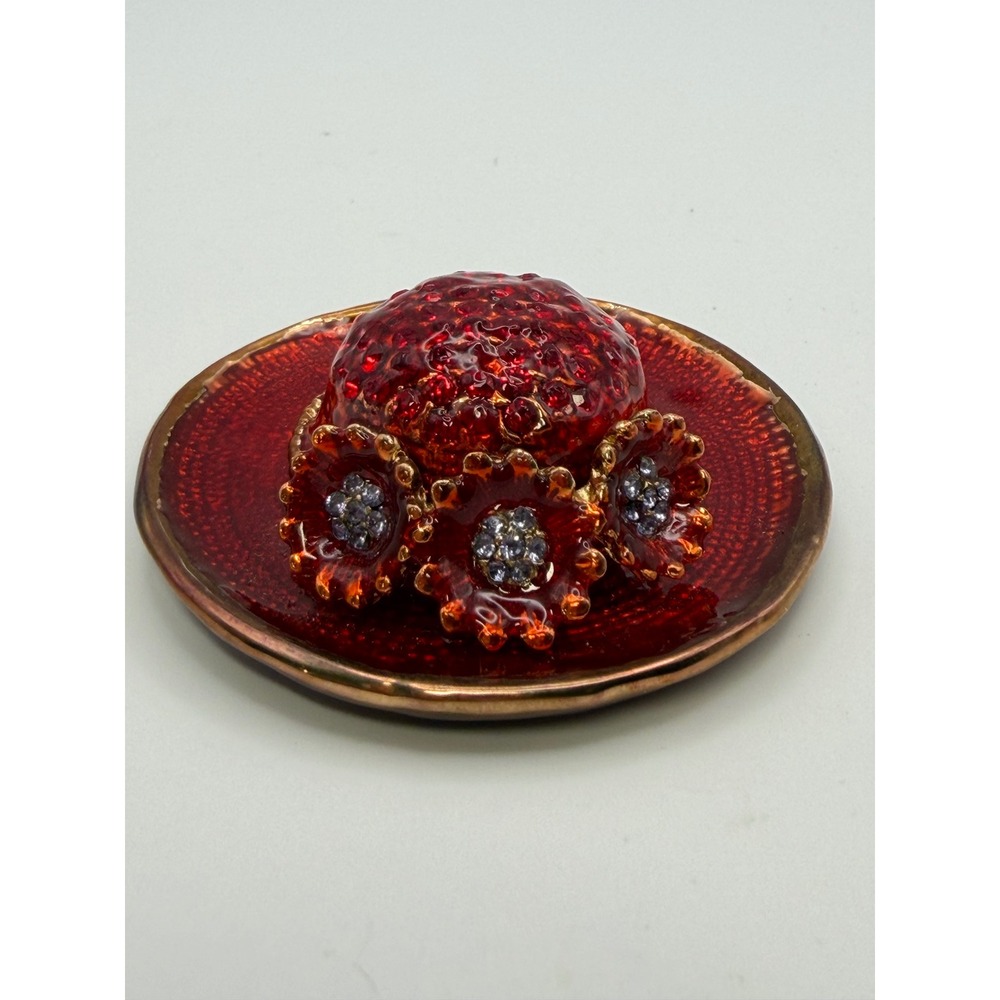Vintage‎ Red Hat Enamel Crystal Trinket Box Brass Hinged Decor Jewelled